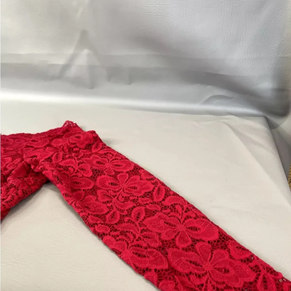 ACEVOG size XL red lace off shoulder midi dress lined with stretch 3/4 sleeve - Picture 9 of 14
